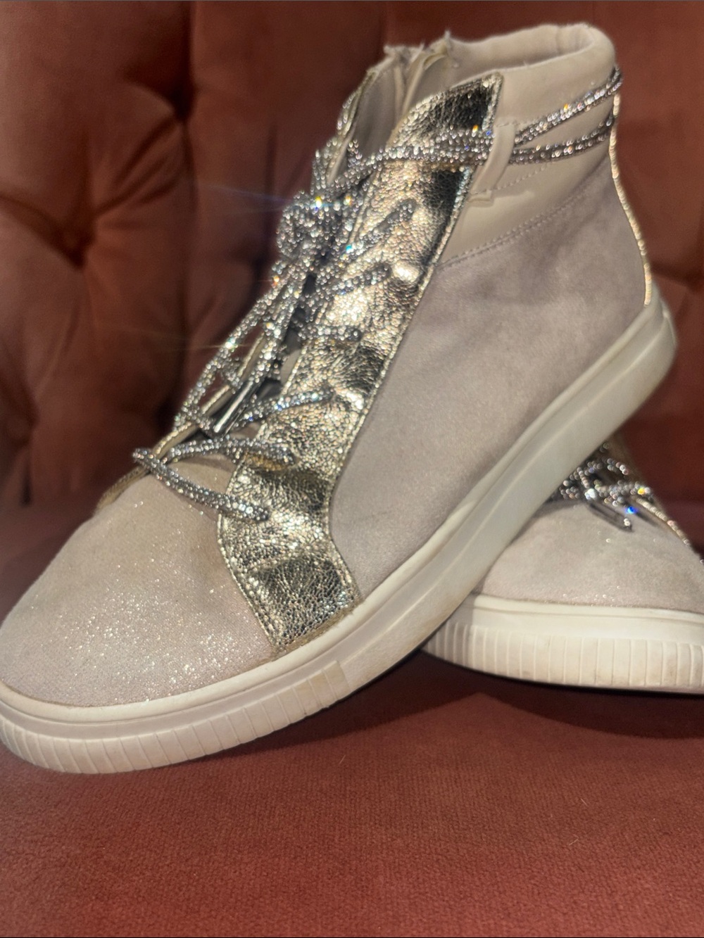 Steve Madden high tops metallic beige pink sparkle rhinestone lace sneaker 5
